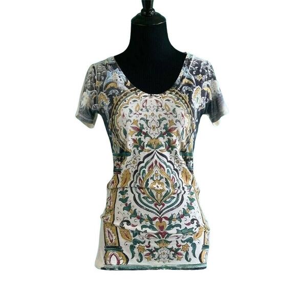 Lucky Brand Boho Print Short Sleeves V neck T-Shirt Small - Picture 1 of 9